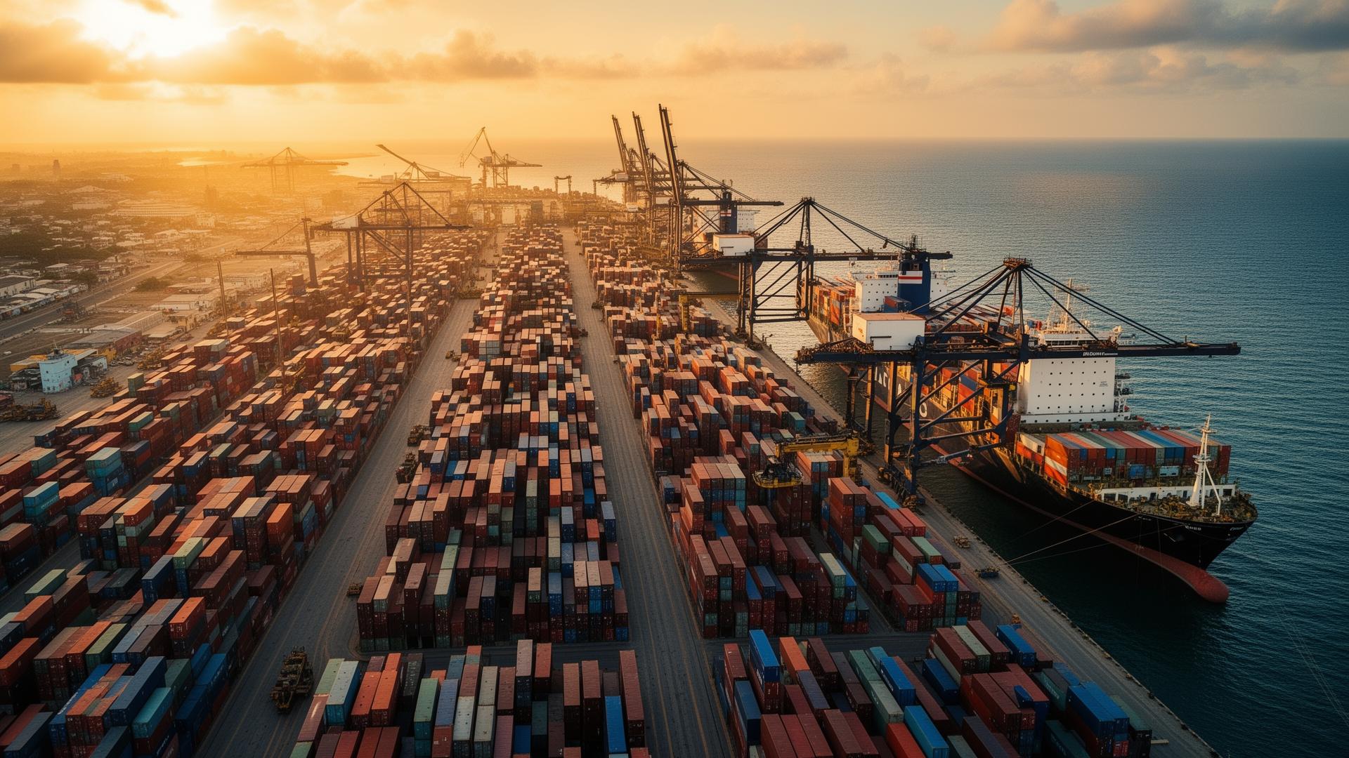 Aerial view of Mombasa port with cargo ships and containers